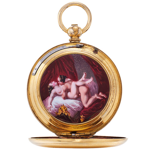 Gold-plated lever watch with concealed erotic scene Circa 1860 Gold-plated lever watch with concealed erotic scene Circa 1860