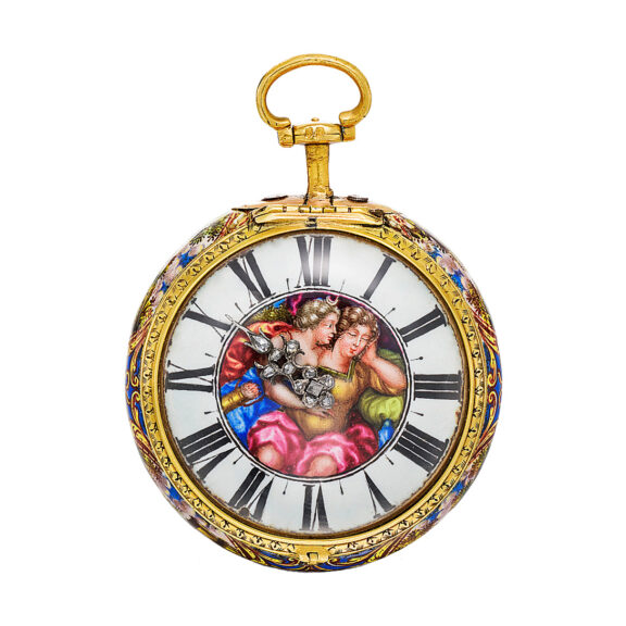 English gold and enamel double cased verge pocket watch Circa 1685 English gold and enamel double cased verge pocket watch Circa 1685