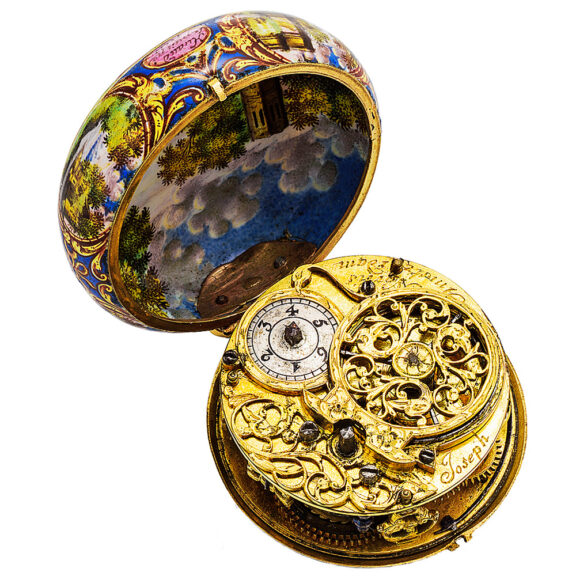 English gold and enamel double cased verge pocket watch Circa 1685 English gold and enamel double cased verge pocket watch Circa 1685