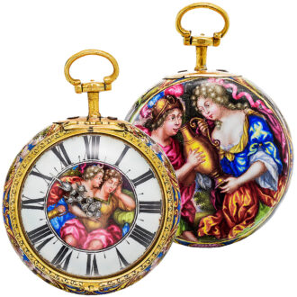 English gold and enamel double cased verge pocket watch Circa 1685
