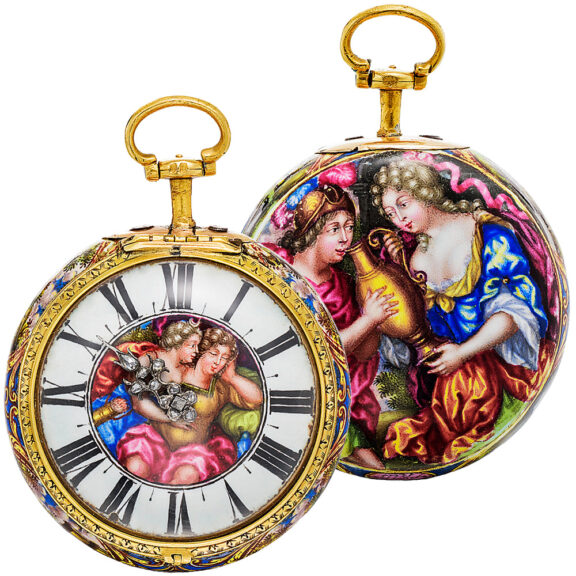 English gold and enamel double cased verge pocket watch Circa 1685
