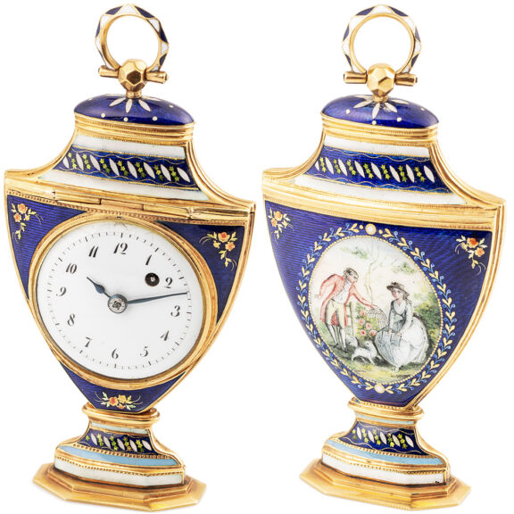 Swiss rare gold and enamel form watch in the shape of an urn Circa 1790 Swiss rare gold and enamel form watch in the shape of an urn Circa 1790