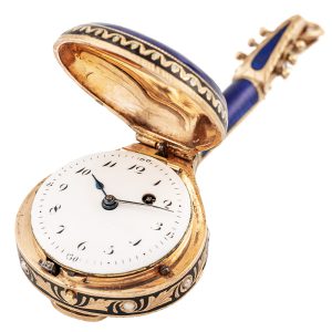 Swiss gold enamel and pearls mandolin form watch Circa 1800-1810