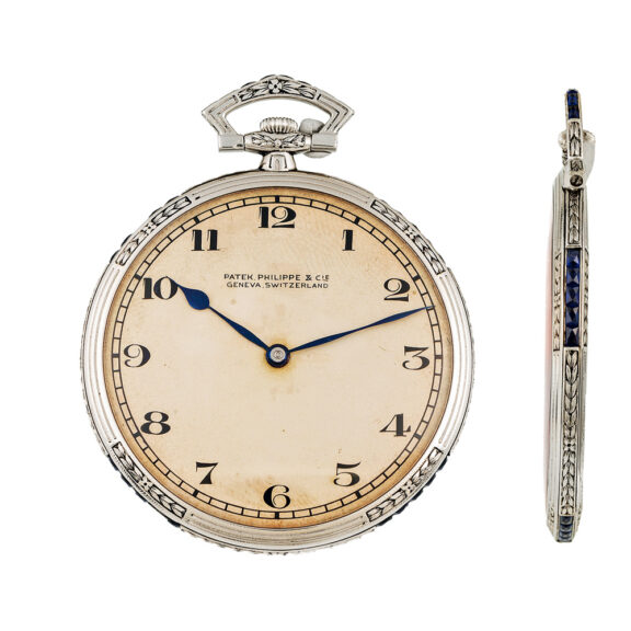 Swiss platinum keyless pocket watch with sapphires