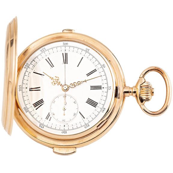 Swiss gold repeating pocket watch with chronograph Circa 1910 Swiss gold repeating pocket watch with chronograph Circa 1910