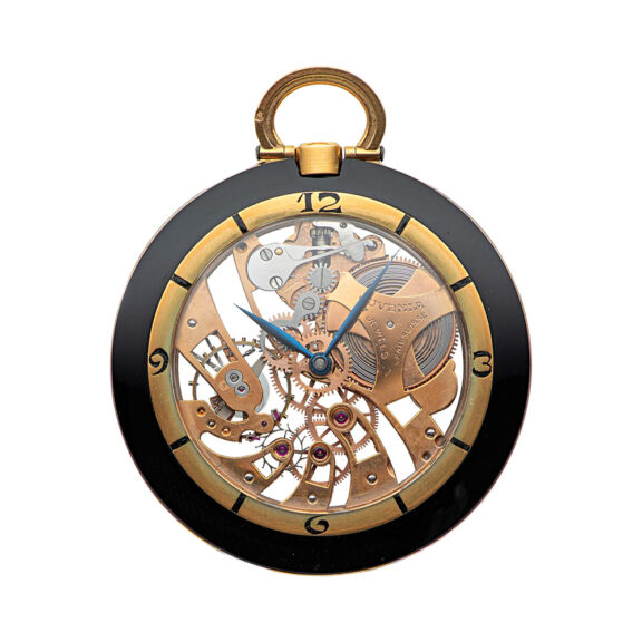 Swiss gold and lacquer skeletonized keyless pocket watch Circa 1940 Swiss gold and lacquer skeletonized keyless pocket watch Circa 1940