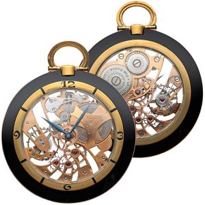 Swiss gold and lacquer skeletonized keyless pocket watch Circa 1940