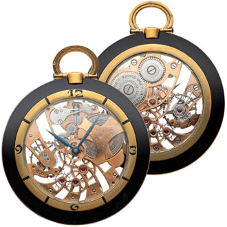Swiss gold and lacquer skeletonized keyless pocket watch Circa 1940
