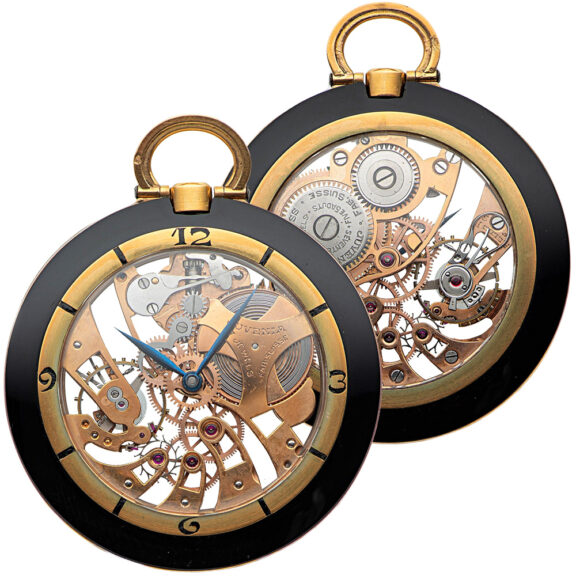 Swiss gold and lacquer skeletonized keyless pocket watch Circa 1940