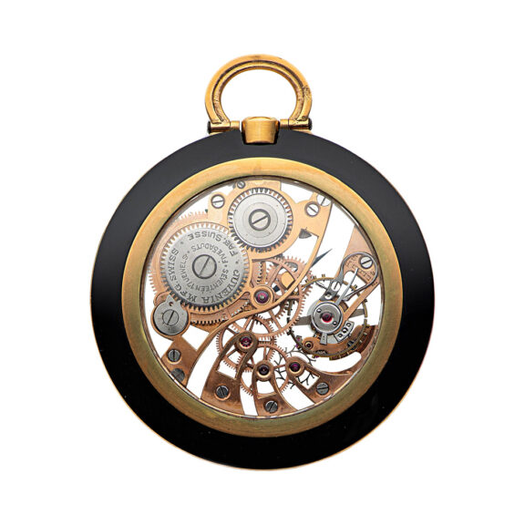 Swiss gold and lacquer skeletonized keyless pocket watch Circa 1940 Swiss gold and lacquer skeletonized keyless pocket watch Circa 1940