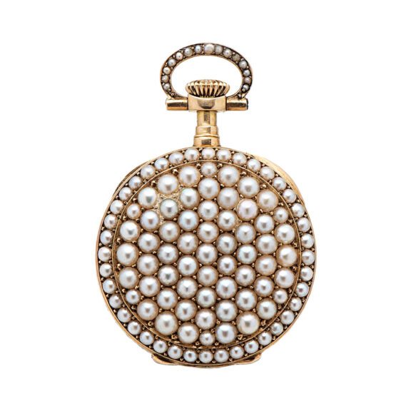 Swiss gold pendant watch studded with half pearls Circa 1898 Swiss gold pendant watch studded with half pearls Circa 1898