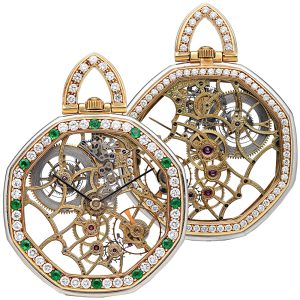 Swiss emerald and diamond, skeletonized watch Circa 1980