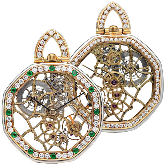 Swiss emerald and diamond, skeletonized watch Circa 1980