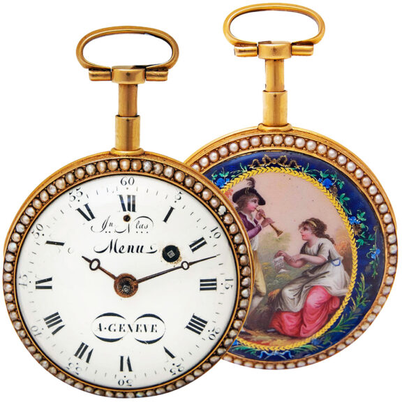 Swiss gold enamel pearl-set repeating watch Circa 1790