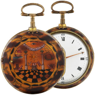 English gilded brass pair cased Masonic pocket watch Circa 1790 English gilded brass pair cased Masonic pocket watch Circa 1790