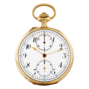 French 18K gold chronograph with 30-minute counter Circa 1910