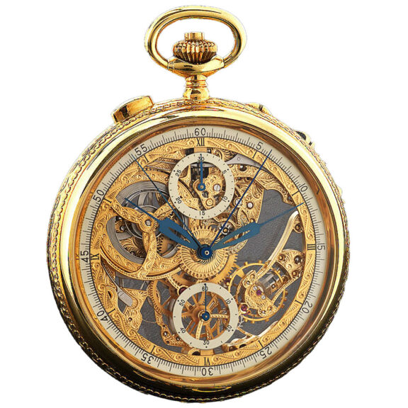 Swiss gold skeletonized split-seconds chronograph Circa 1980