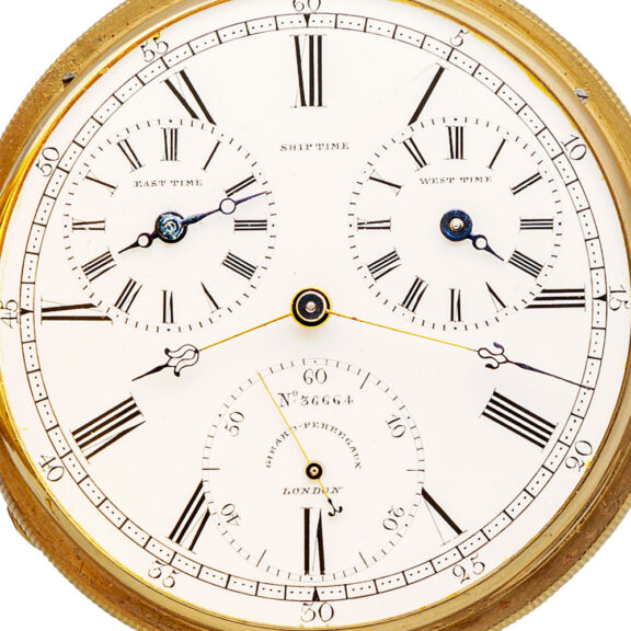 Swiss gold full hunter watch with three time zones Circa 1870 Swiss gold full hunter watch with three time zones Circa 1870