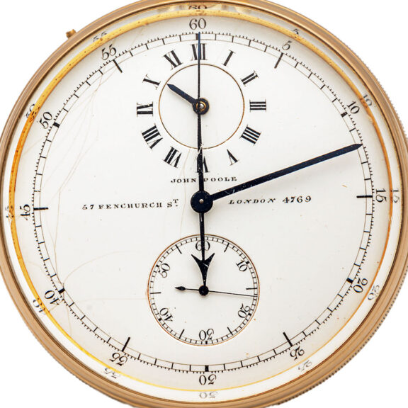 English 18K gold chronograph with regulator dial Circa 1873 English 18K gold chronograph with regulator dial Circa 1873