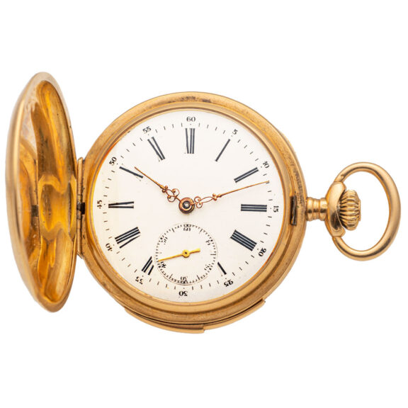 Swiss 18K gold quarter repeating full hunter pocket watch Circa 1910 Swiss 18K gold quarter repeating full hunter pocket watch Circa 1910