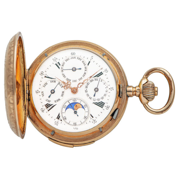Swiss repeating triple calendar watch with moon phases Circa 1890 Swiss repeating triple calendar watch with moon phases Circa 1890