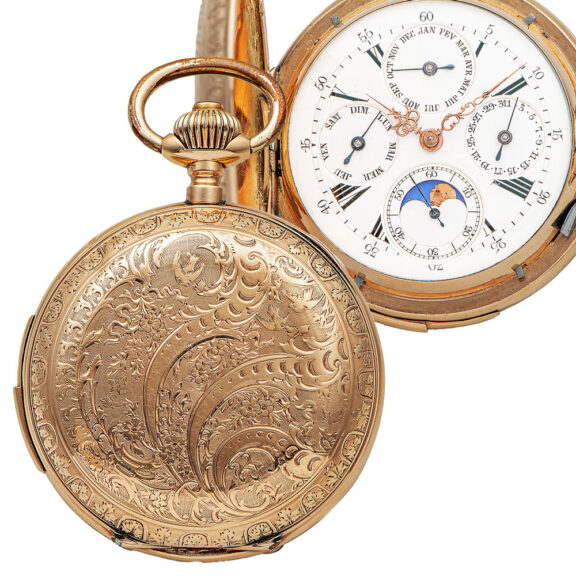 Swiss repeating triple calendar watch with moon phases Circa 1890