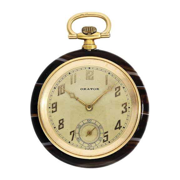 Swiss 18K gold pocket watch with agate stone ca