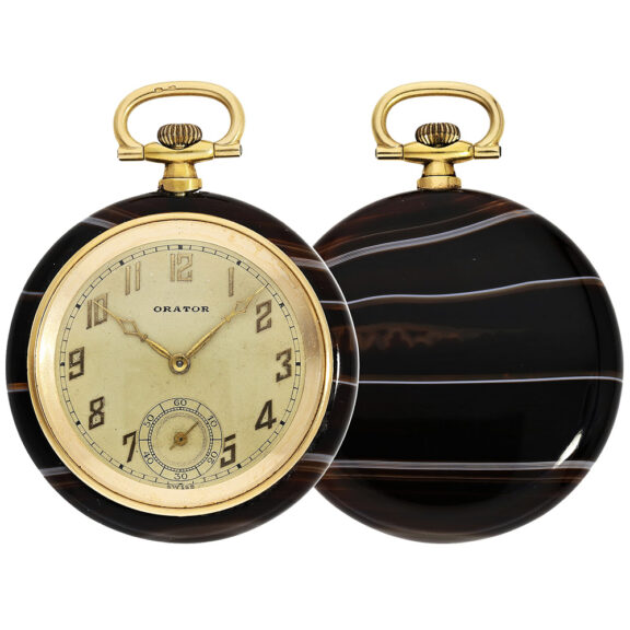 Swiss gold tailcoat watch with agate stone case Circa 1925 Swiss gold tailcoat watch with agate stone case Circa 1925
