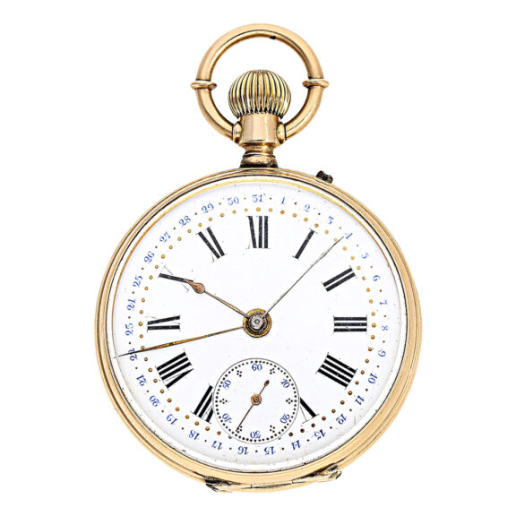 Swiss gold calendar watch with central date pointer Circa 1880 Swiss gold calendar watch with central date pointer Circa 1880