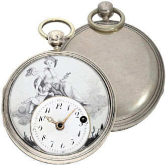 Swiss silver spindle pocket watch with enamel painting Circa 1800