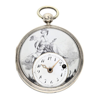 Swiss silver spindle pocket watch with enamel painting Circa 1800