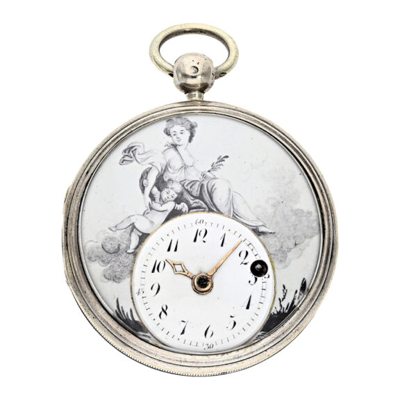 Swiss silver spindle pocket watch with enamel painting Circa 1800 Swiss silver spindle pocket watch with enamel painting Circa 1800