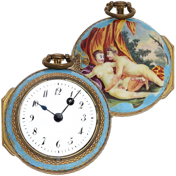 German gold-plated blue enamel erotic pocket watch Circa 1800 German gold-plated blue enamel erotic pocket watch Circa 1800