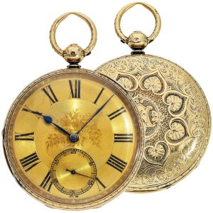 English 18 carat gold open faced pocket watch Circa 1866