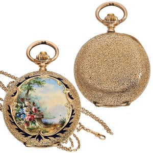 Swiss gold pocket watch with fine enamel painting Circa 1910