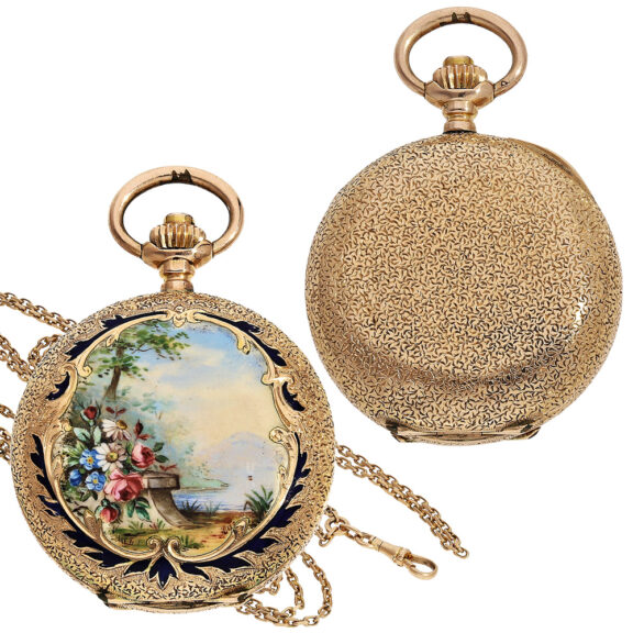 Swiss gold pocket watch with fine enamel painting Circa 1910