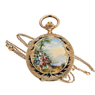 Swiss gold pocket watch with fine enamel painting Circa 1910