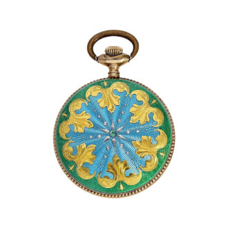 Enamel lady's duplex pocket watch with gold watch chain Circa 1900