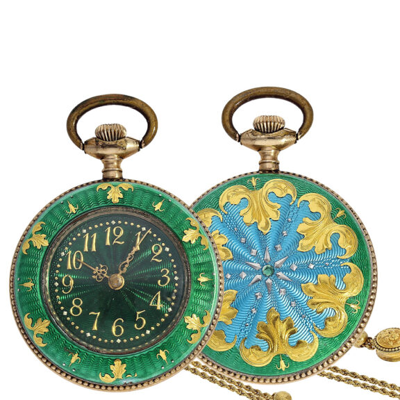 Enamel lady's duplex pocket watch with gold watch chain Circa 1900
