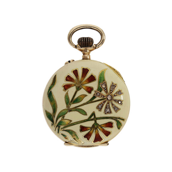 Swiss gold and enamel Art Nouveau ladies pendant watch Circa 1900 Swiss gold and enamel Art Nouveau ladies pendant watch Circa 1900