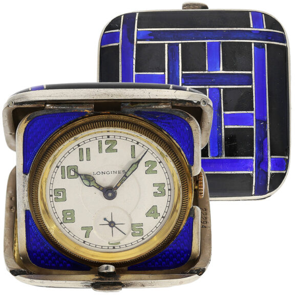 Swiss silver Art Deco travel watch in square pocket case Circa 1930