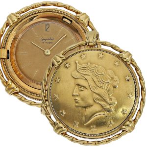 Rare Swiss 18K gold pendant watch in coin case Circa 1960