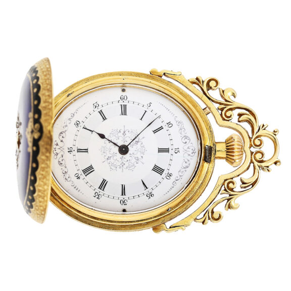 Swiss gold and enamel oval-shaped pocket watch Circa 1870 Swiss gold and enamel oval-shaped pocket watch Circa 1870