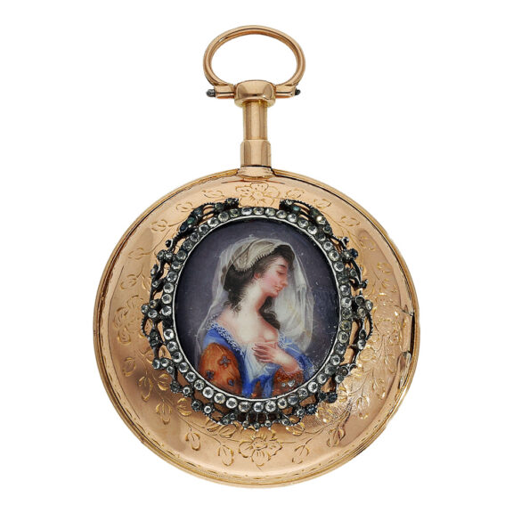 French gold decorated pocket watch with enamel painting Circa 1790 French gold decorated pocket watch with enamel painting Circa 1790