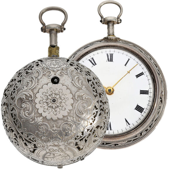 English verge pocket watch in crafted silver double cased Circa 1742 English verge pocket watch in crafted silver double cased Circa 1742