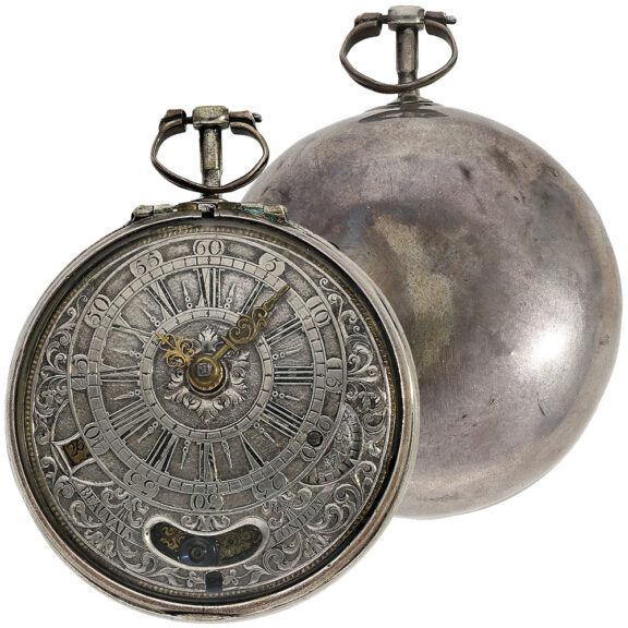 English pocket watch with date and mock pendulum Circa 1690