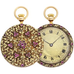 Swiss 18K rose gold ladies pocket watch with rubies Circa 1929