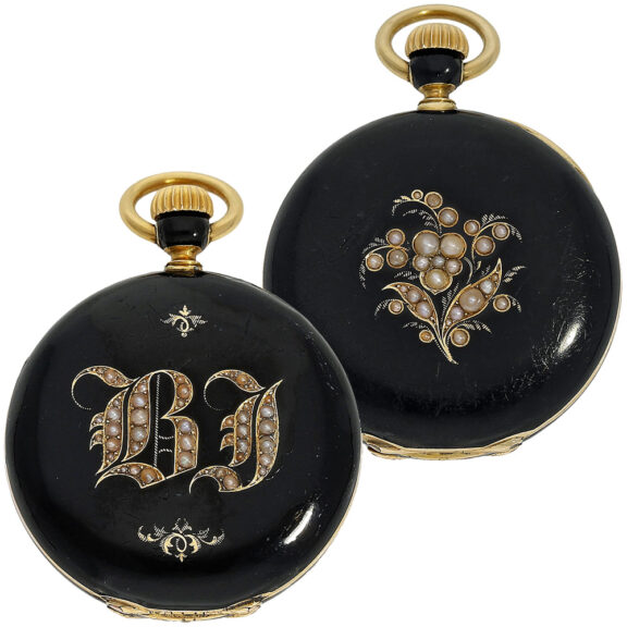 Swiss miniature pocket watch in black enamel case Circa 1860 Swiss miniature pocket watch in black enamel case Circa 1860