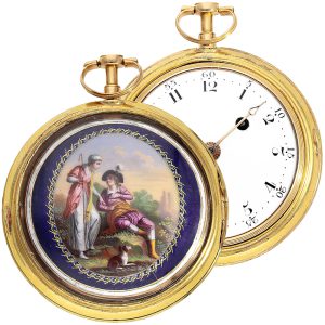 Pair-cased verge pocket watch with glass painting Circa 1800