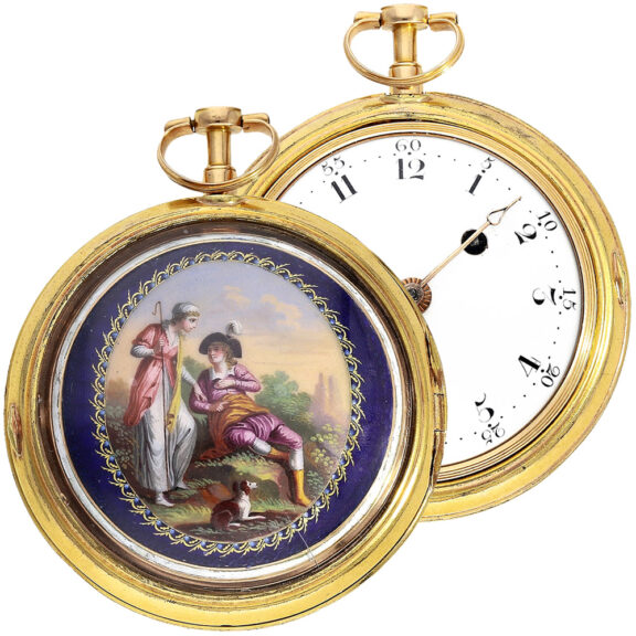 Pair-cased verge pocket watch with glass painting Circa 1800